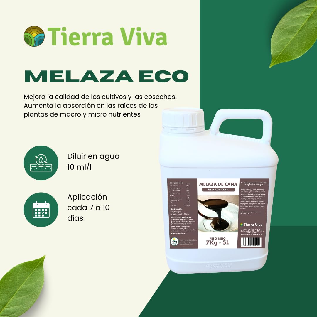 Melaza para plantas ecológica 7Kg (5L). Agro melaza. Fertilizante universal natural que mejora el suelo y potencia tus cultivos. Estimula la actividad de microorganismos beneficiosos