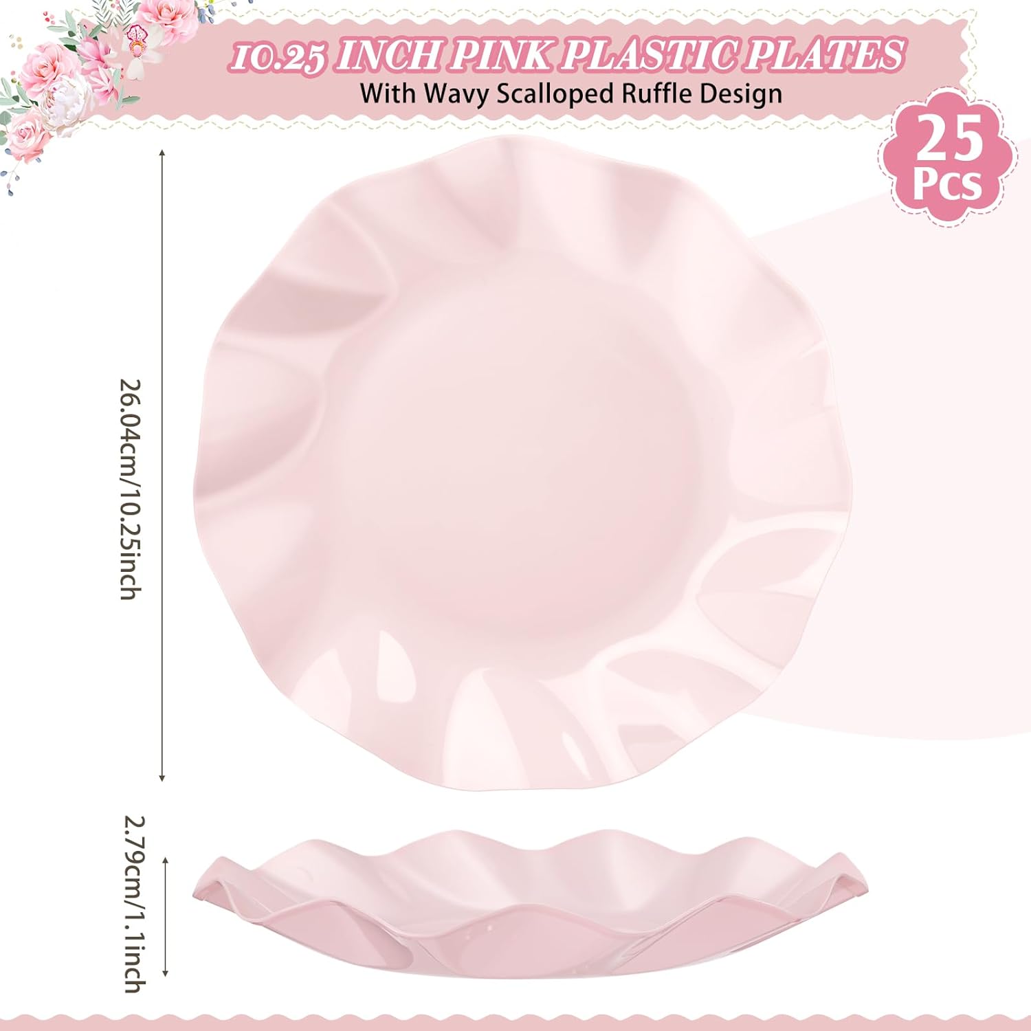 Zhehao 25 Pcs 10 Inch Pink Scalloped Plastic Plates Breakproof Light Weight Dessert Dinner Appetizer Plates for Wedding Baby Shower Bridal Gender Reveal Birthday Pastel Party Supplies - Image 2