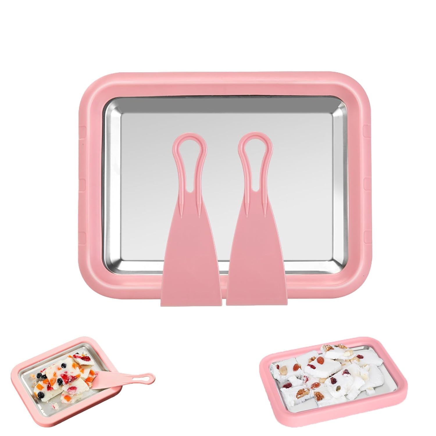 Rolled Ice Cream Maker with 2 Spatulas Stainless Steel Ice Cream Pan Pink DIY Frozen Dessert Tray for