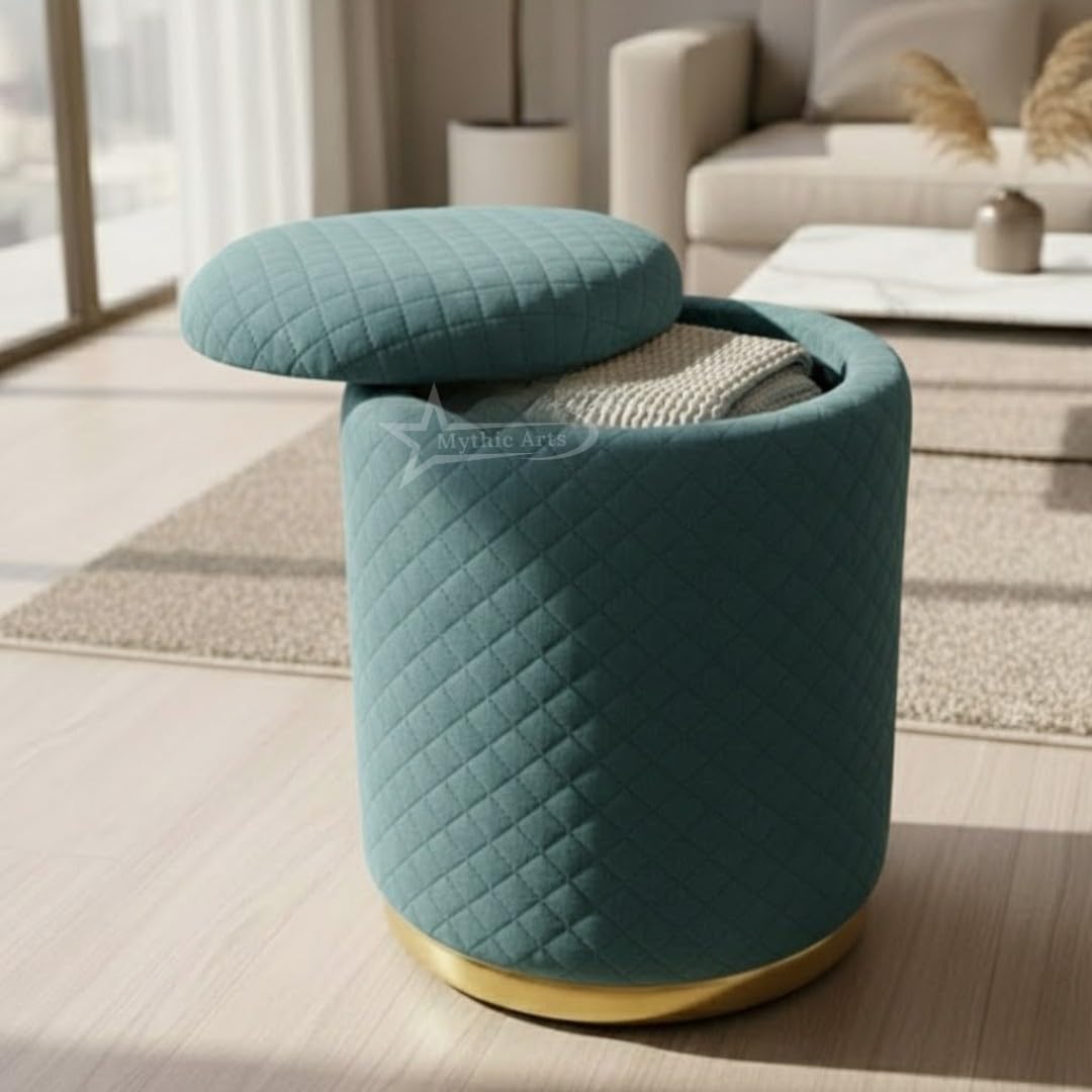 Mythic Arts Premium Round Storage Ottoman Stool 16 X 16X 19 inch, with Gold Metal Base | Luxury Pouffe with Hidden Storage | Cushioned Footrest for Living Room, Bedroom & Lounge Aqua