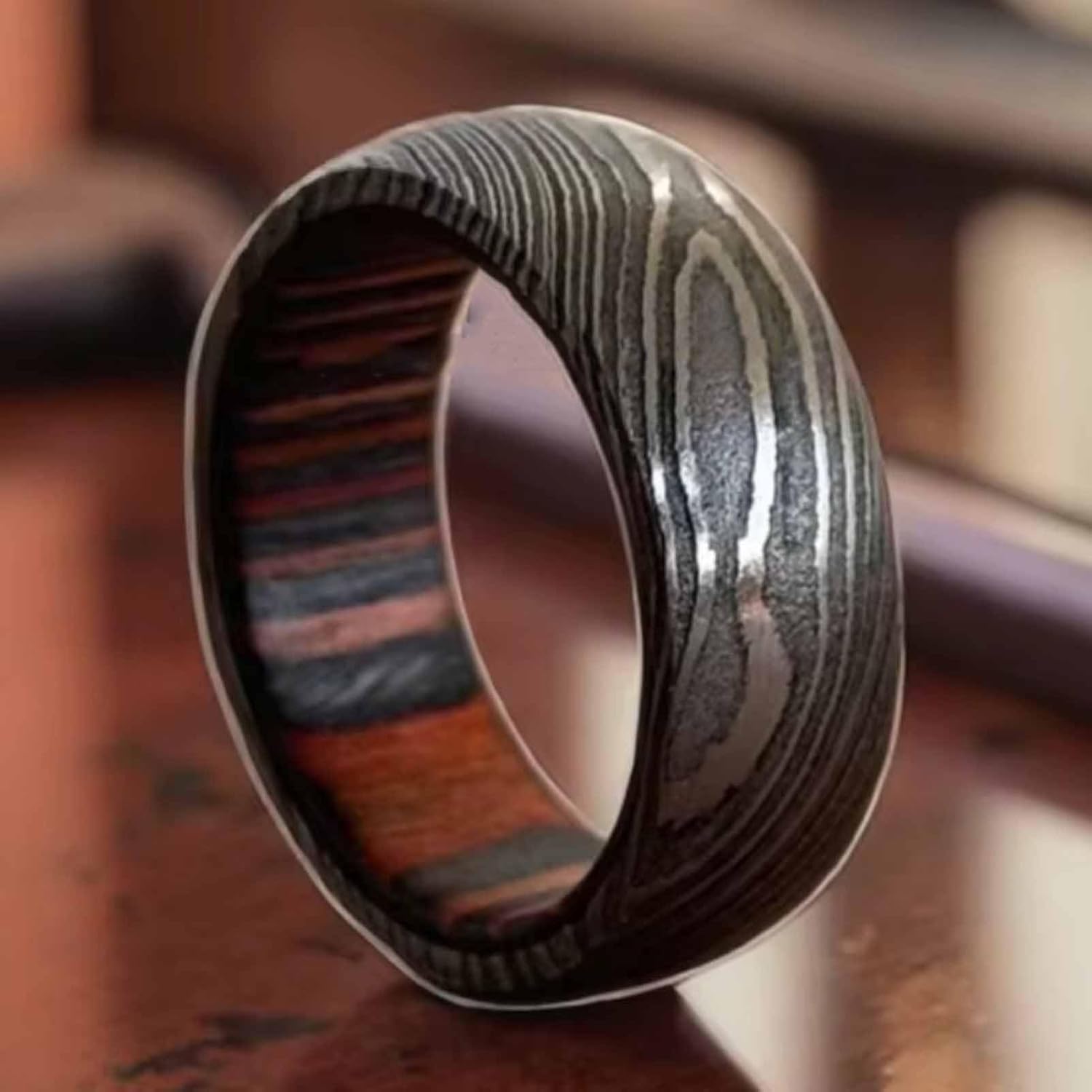 Jewelry's 8mm Damascus Steel Whiskey Barrel Wood Dome Ring Rose Gold for Wedding Engagement Party Gift