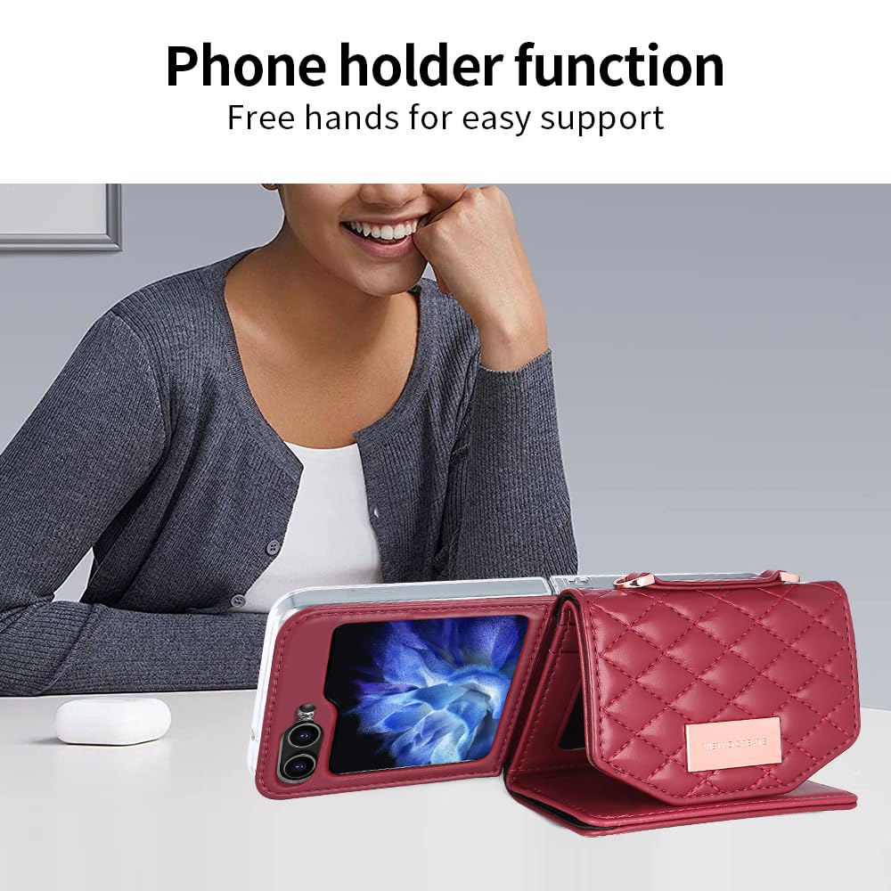 Etui portfelowe na telefon komórkowy Samsung Galaxy Z Flip 8 z wbudowaną skórzaną przegródką na gotówkę i uchwytem na karty kredytowe, regulowany pasek crossbody, ochrona zawiasów dla kobiet i