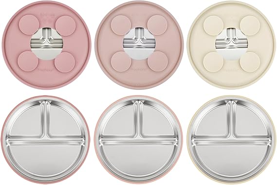 PandaEar 3 Pack Stainless Steel Baby Suction Plates, Divided Toddler Plate for Baby Led Weaning Supplies, Non-Slip Toddler Baby Feeding Set Dishwasher Safe (Pink/Linen/Light Pink)