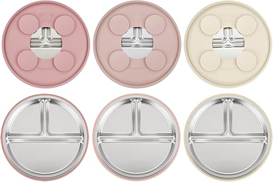 PandaEar 3 Pack Stainless Steel Baby Suction Plates, Divided Toddler Plate for Baby Led Weaning Supplies, Non-Slip Toddler Baby Feeding Set Dishwasher Safe (Pink/Linen/Light Pink)