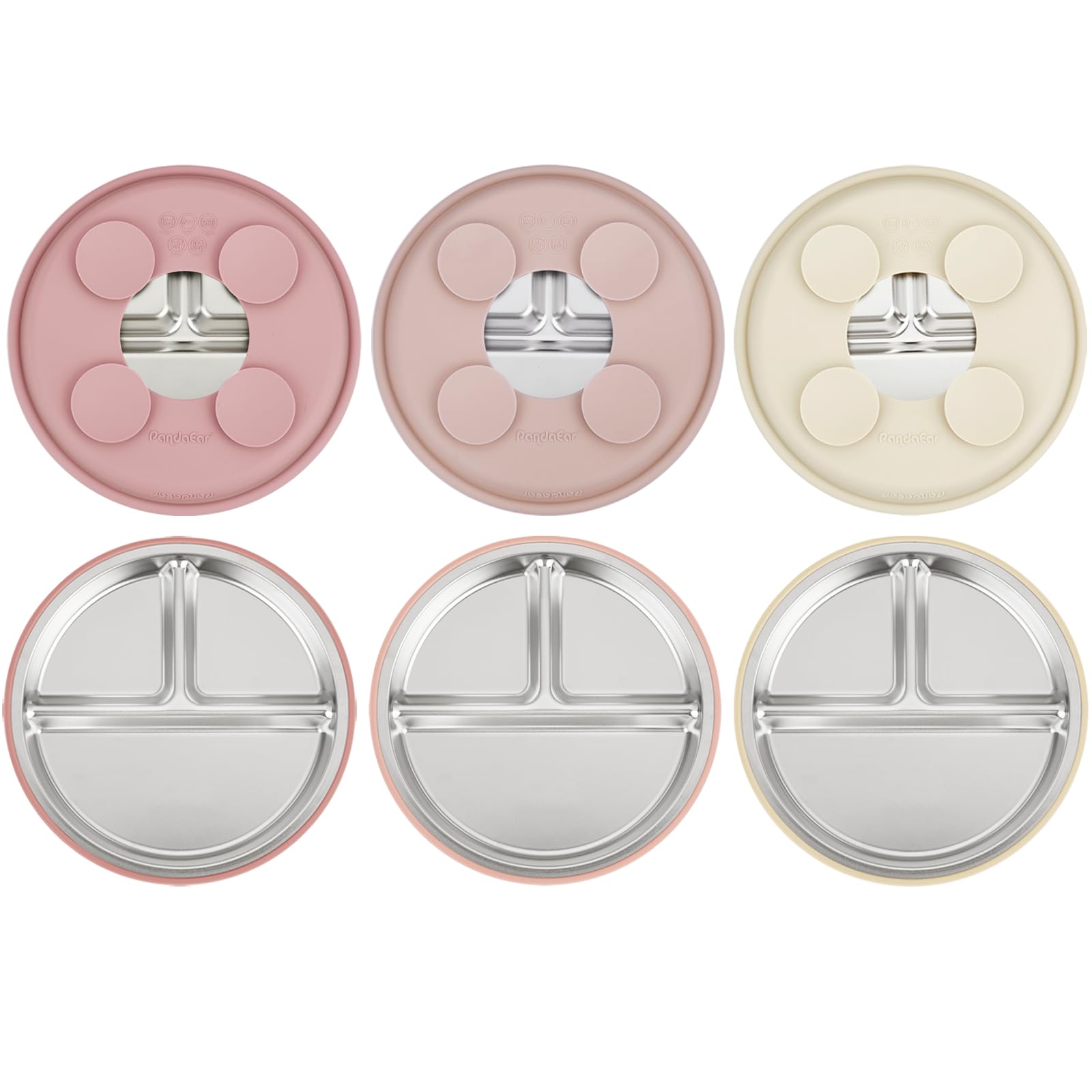 PandaEar 3 Pack Stainless Steel Baby Suction Plates, Divided Toddler Plate for Baby Led Weaning Supplies, Non-Slip Toddler Baby Feeding Set Dishwasher Safe (Pink/Linen/Light Pink)