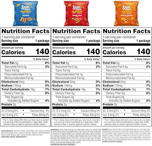 SunChips 100% Whole Grain Chips, Variety Pack, 1 oz Bags, Pack of 40, No Artificial Flavors, Colors