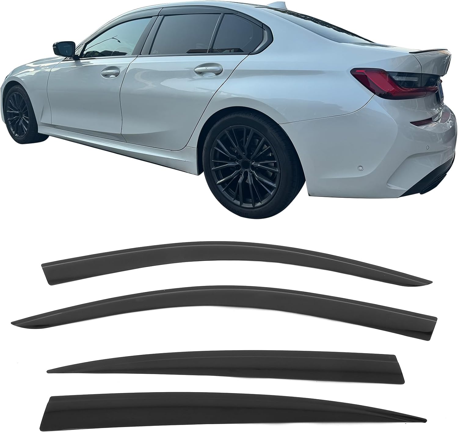 IKON MOTORSPORTS Tape on Low Profile Window Visors, Compatible with 2019-2026 BMW G20 3 Series Sedan 4-Door, Acrylic Smoke/Tinted Rain Guards, Side Window Wind Deflectors 4PCS