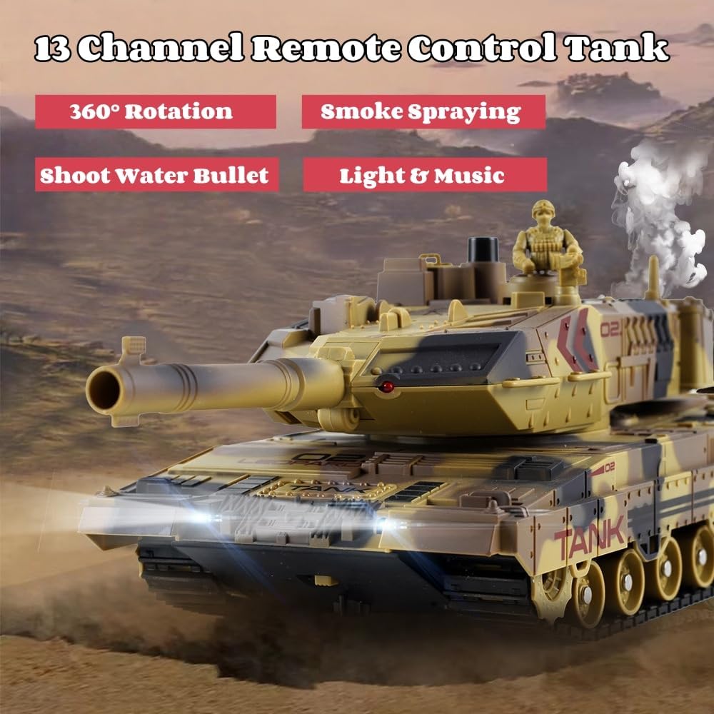 RC Tank That Shoots, 2.4GHz Military Vehicles Model with 360°Rotating Turret, Auto Demo, Sound & Smoke & Light, Remote Control Army Tank for Teen Adult