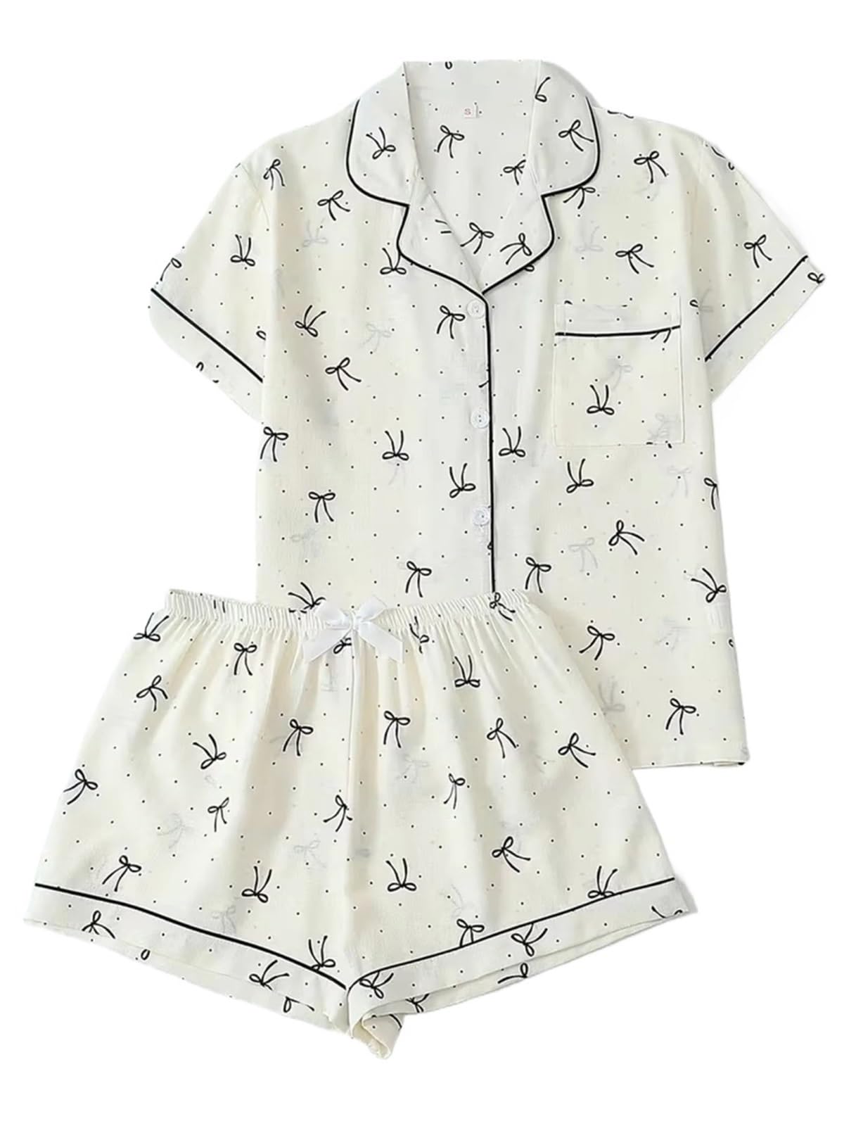 Loungewear Mujer Pijamas Cárdigan Solapa Pantalones Cortos de Manga Corta Conjunto Lunares Dos Piezas para Descanso en casa