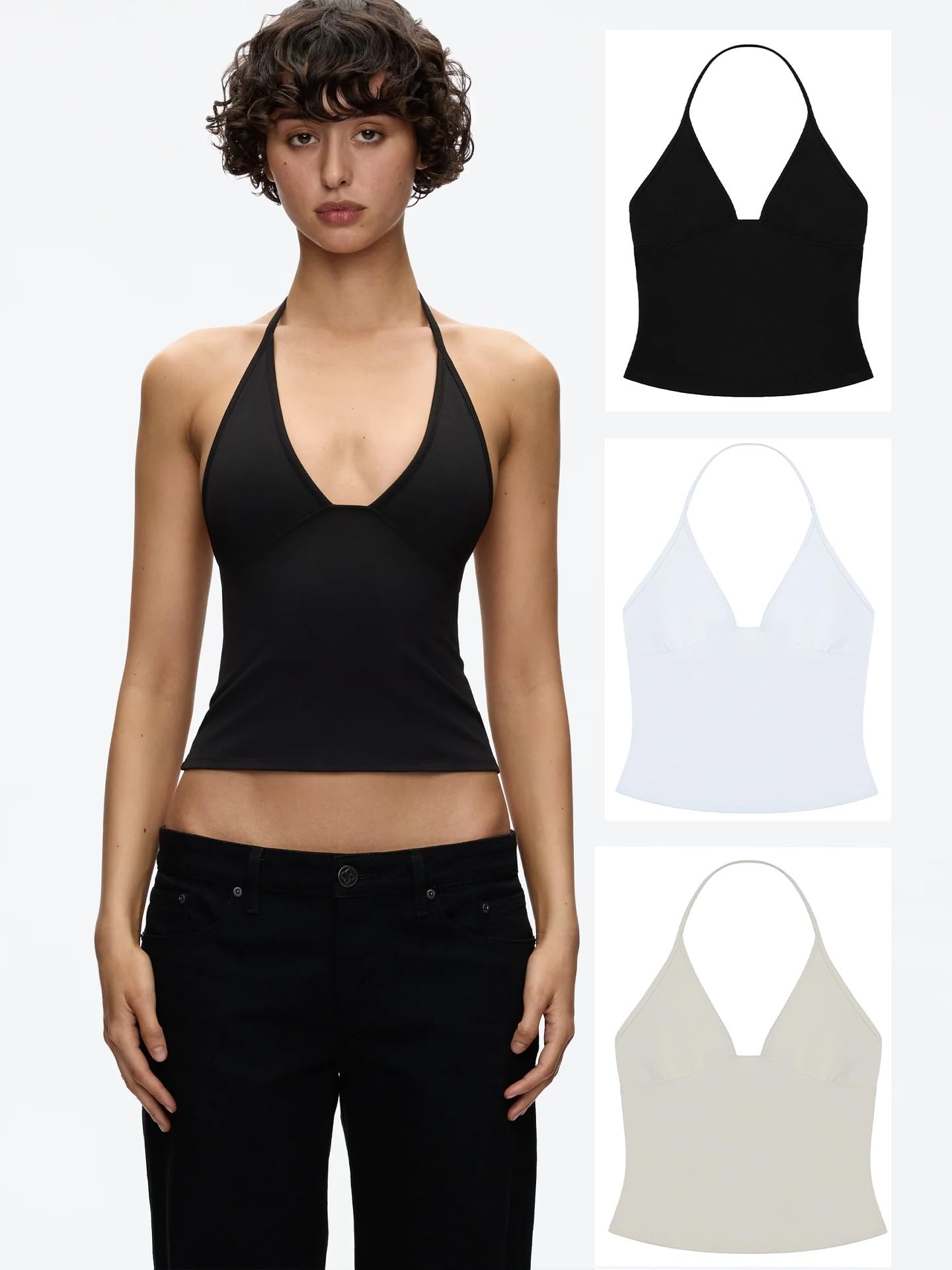 Top Halter Mujer Top sin Espalda Cuello en V Profundo Sin Mangas Diseño Slim Fit Mezcla de algodón y Nailon Prendas Abrigo Verano
