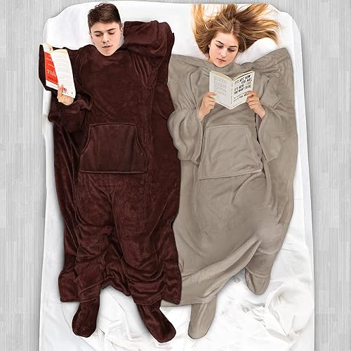 Miniatura 5 de PAVILIA Manta de forro polar con mangas, bolsillos para los pies para mujeres, hombres y adultos, manta de felpa para llevar, cálida manta para