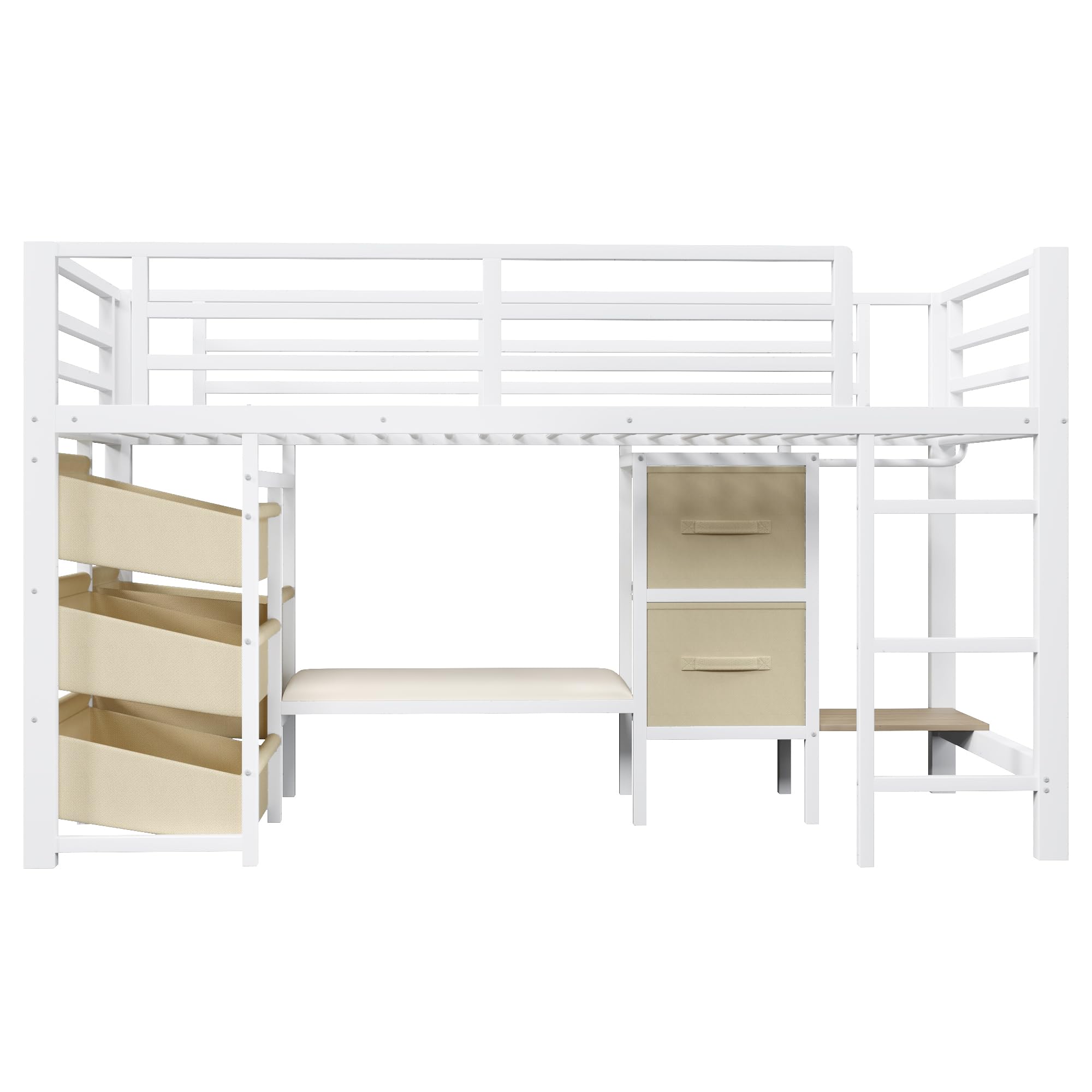 Lit enfant 90x200 avec LED,coussin d'assise,tiroir de rangement en tissu,sac de rangement en tissu,espace patère,lit mezzanine enfant en métal,cadre de lit mi hauteur 90x200 avec sommier (A-Blanc)