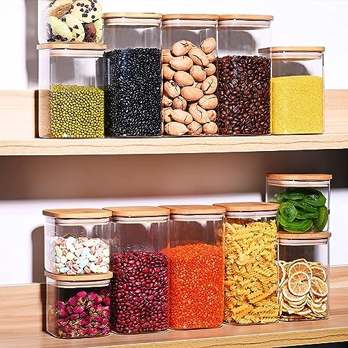 Image of Premium 350ML Glass Food Storage Jars with Airtight Bamboo Lid Set of 4 Glass Storage jar Clear For Serving Tea, Coffee, Flour, Sugar, Candy,Cookie,Spice (350 ML, Set of 4)