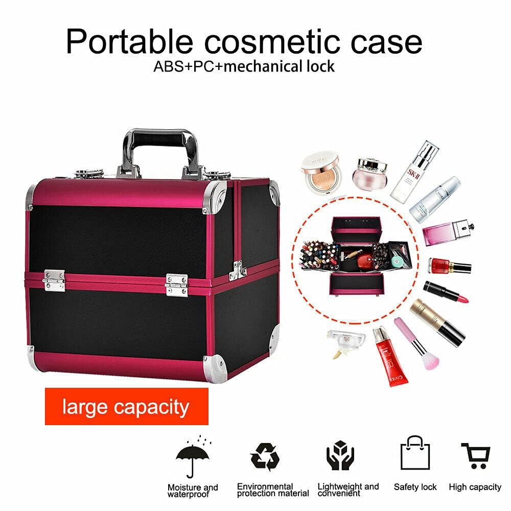 Adson Professional Makeup Box Cosmetics Case Jewelry Organiser Vanity Make Up Storage Box Beauty Train Case Lockable with Keys (Black & Pink) 32x21x26cm - Image 2 thumbnail