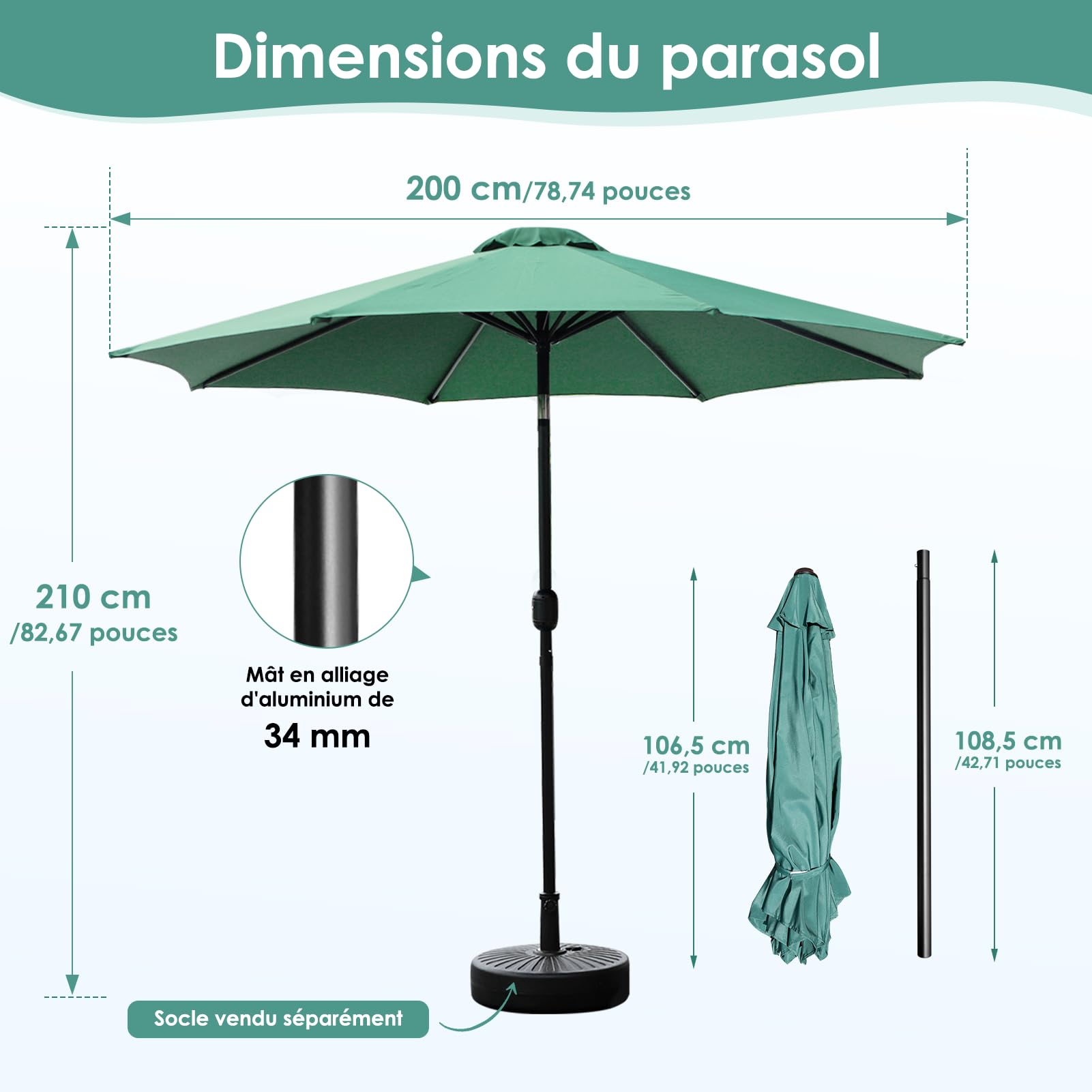 DEWEL Parasol de Jardin Extérieur, 200cm, Vert