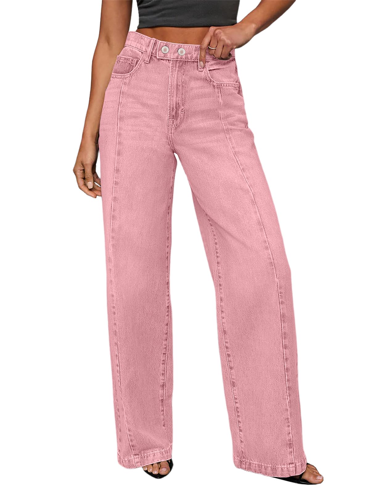 Photo 1 of Sidefeel Women's Wide Leg Jeans High Waisted Stretchy Western Outfit Front Seam Denim Pants Size 8 Pink