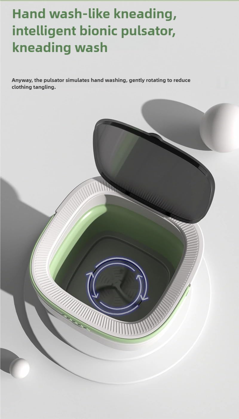 12L Green Folding Portable Washing Machine for Travel with Large Capacity, Integrated Wash and Drain Function, Third-Speed Timing, Hand-Washing Simulation, Detachable Drain Basket