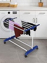 FLIPZON Premium Clothes Stand for Drying with Wheels | Portable | 1 Layer Rack for Balcony | Foldable Wings | 7 Hanger Rods | Alloy Steel & Plastic (White & Blue), 54 x 74 x 86 Cm