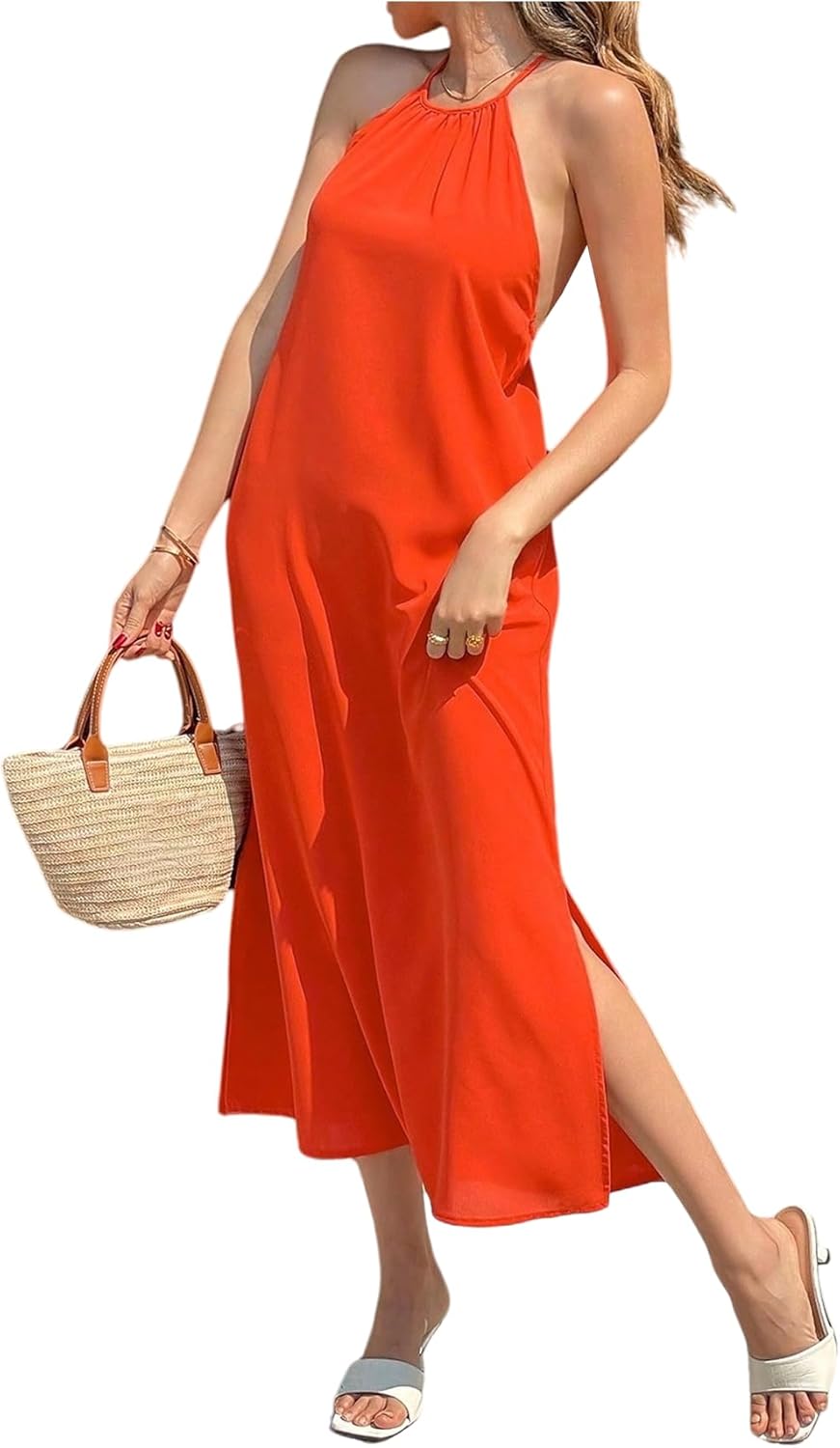 SweatyRocks Women's Summer Boho Split Long Halter Dress Criss Cross Backless Sleeveless Dresses