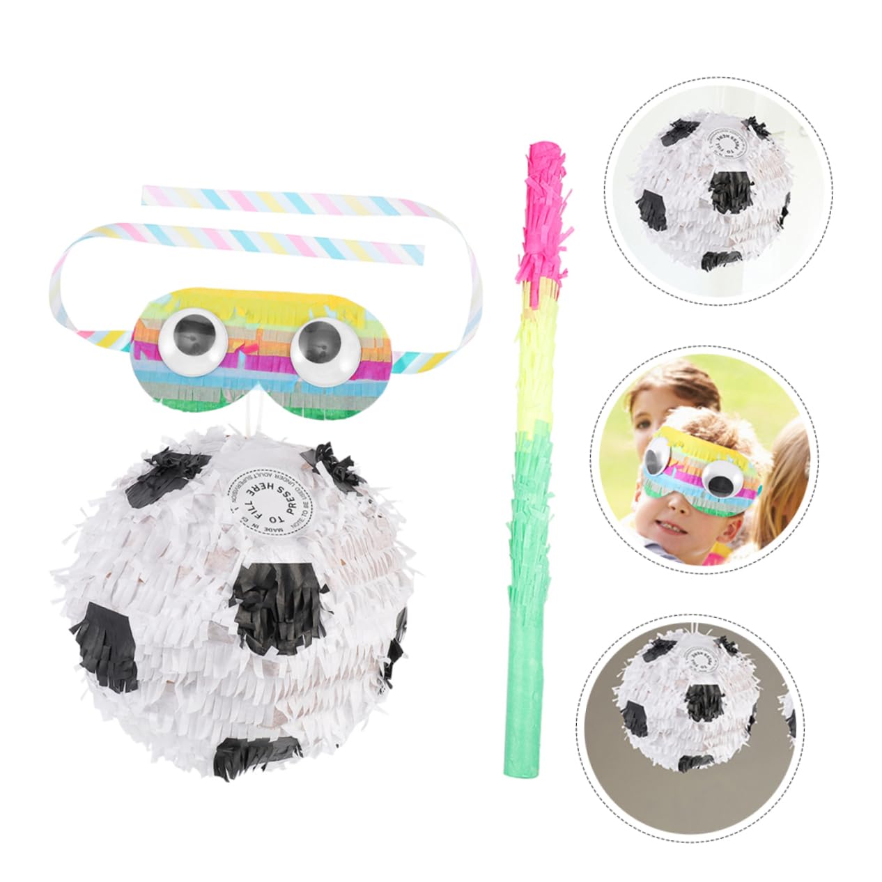 Piñata Compleanno a Forma di Pallone da Calcio in Carta con Bastone e Benda, Decorazione Creativa per Festa e Carnevale, Set 3 Pezzi per Giochi Divertenti