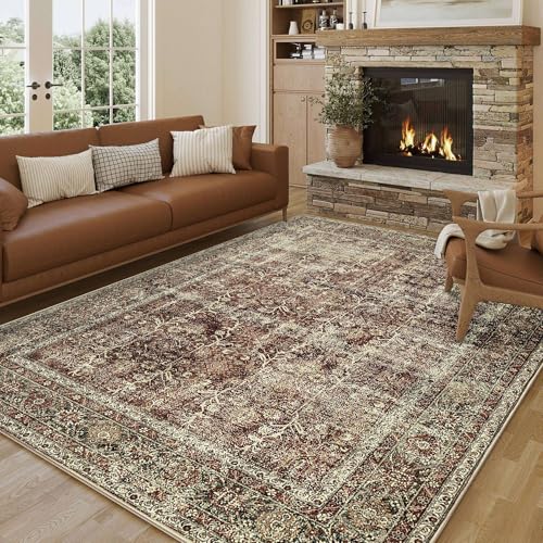 Vintage Area Rug 5x7 Rust Red Washable Living Room Large Carpet Non Slip Bedroom Indoor Office Low Pile Traditional Distressed Retro Accent Rug for Dining Room Bathroom Kitchen 5' x 7' (Rect