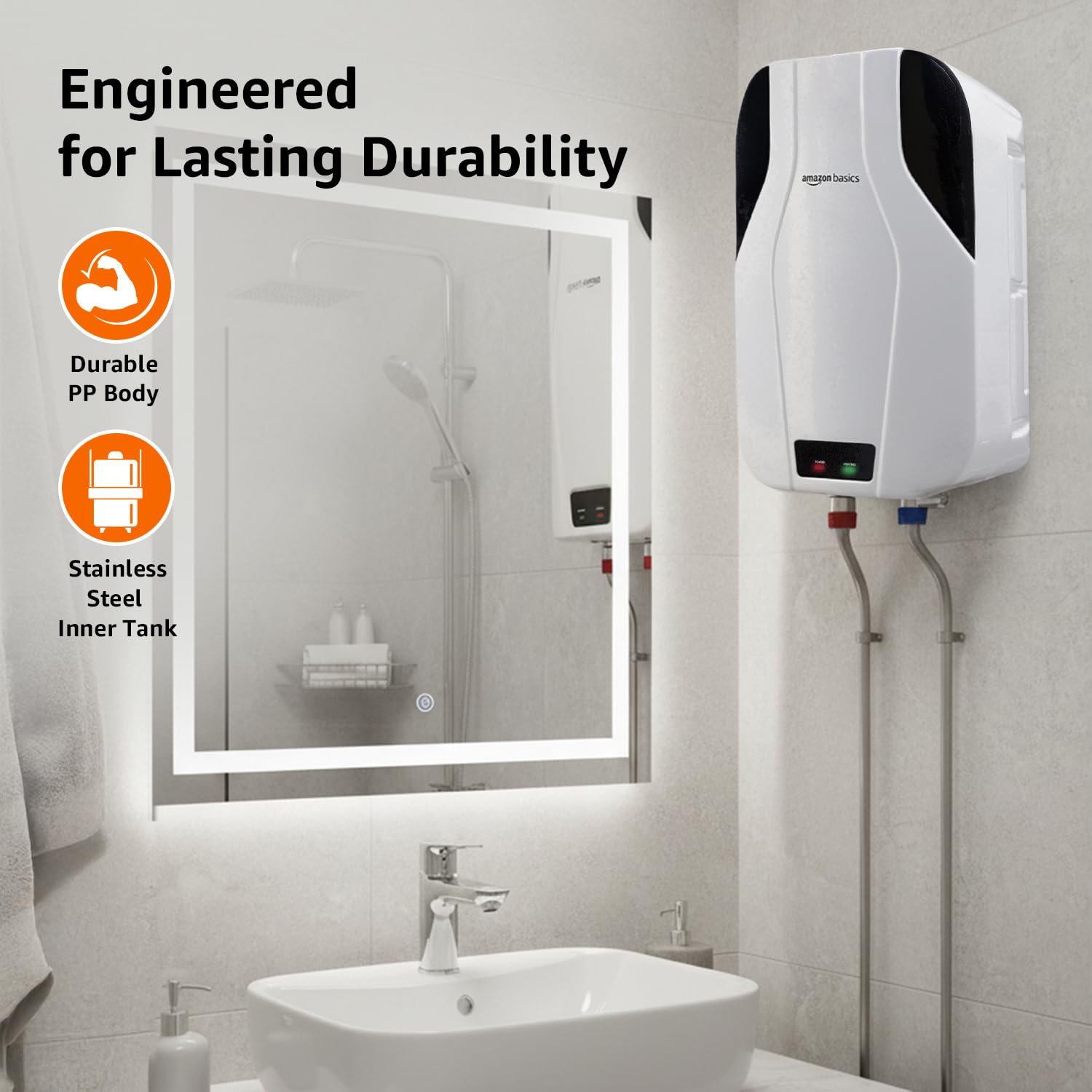 Amazon Basics 5.9L Instant Water Heater | 3KW | Geyser with PP Body & SS Tank | Corded Electric | Rust Proof | 4 Level Safety | White 4