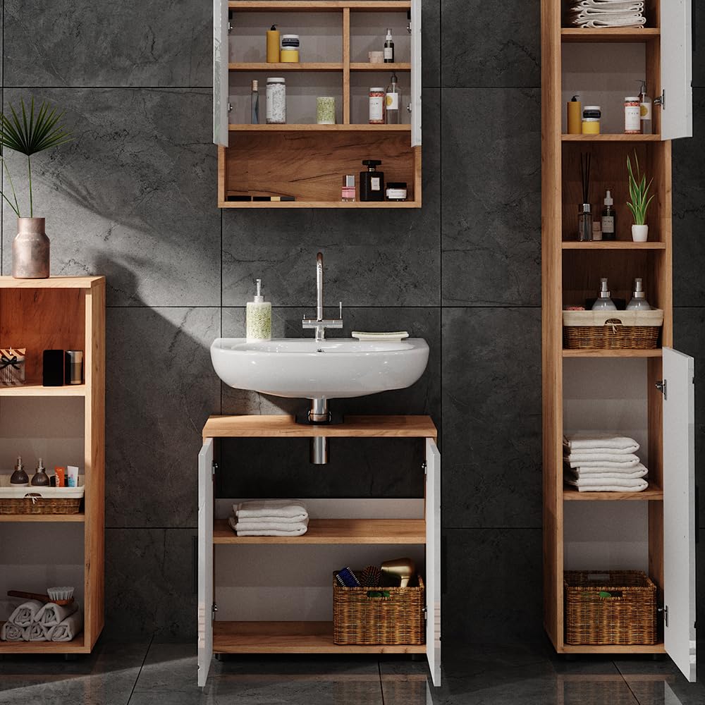 Vicco Set di mobili da bagno Irma, Bianco lucido/Rovere dorato 80 cm