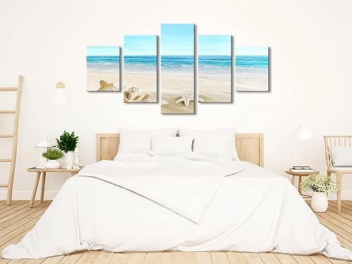 Miniatura 3 de Pyradecor, paisaje de playa en 5 paneles, lienzo Giclee de paisaje marino, impreso en lienzo moderno, tensado y encuadrado, arte para pared,