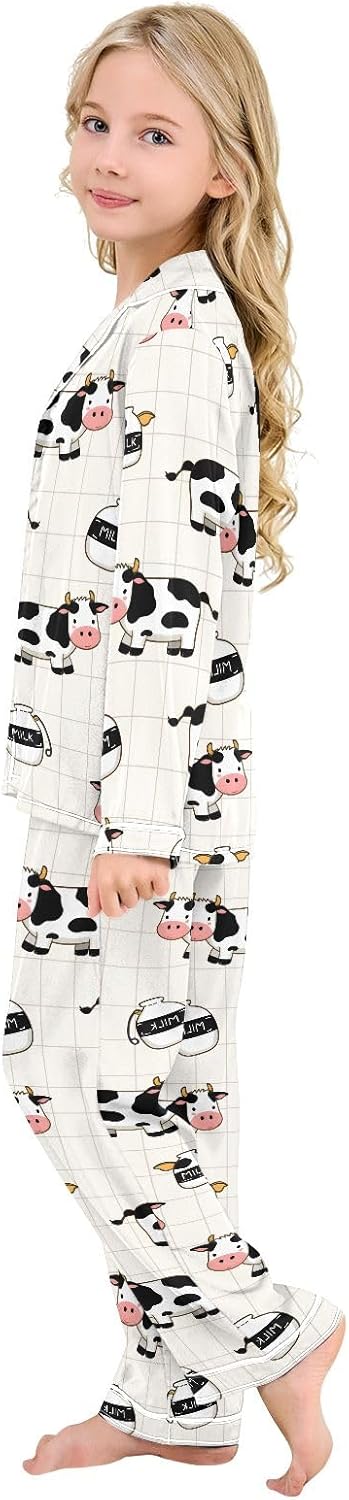 Kids Casual Satin Wear Set Cow Milk Bottle Pattern Unisex Relaxed Fit Clothing