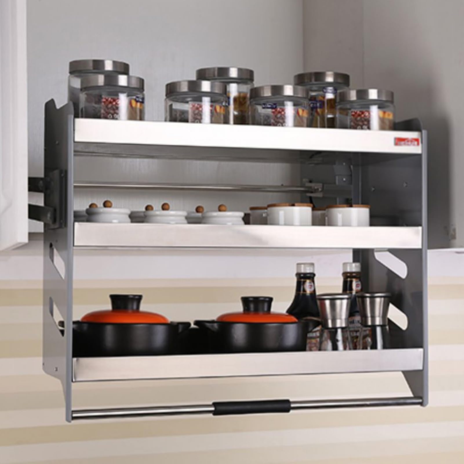 Organizador de Armario abatible de 3 Niveles, estantes abatibles de Acero Inoxidable, Cesta elevadora para Armario de Cocina, Mueble de cafetería, Plateado, 610 x 280 x 630 mm