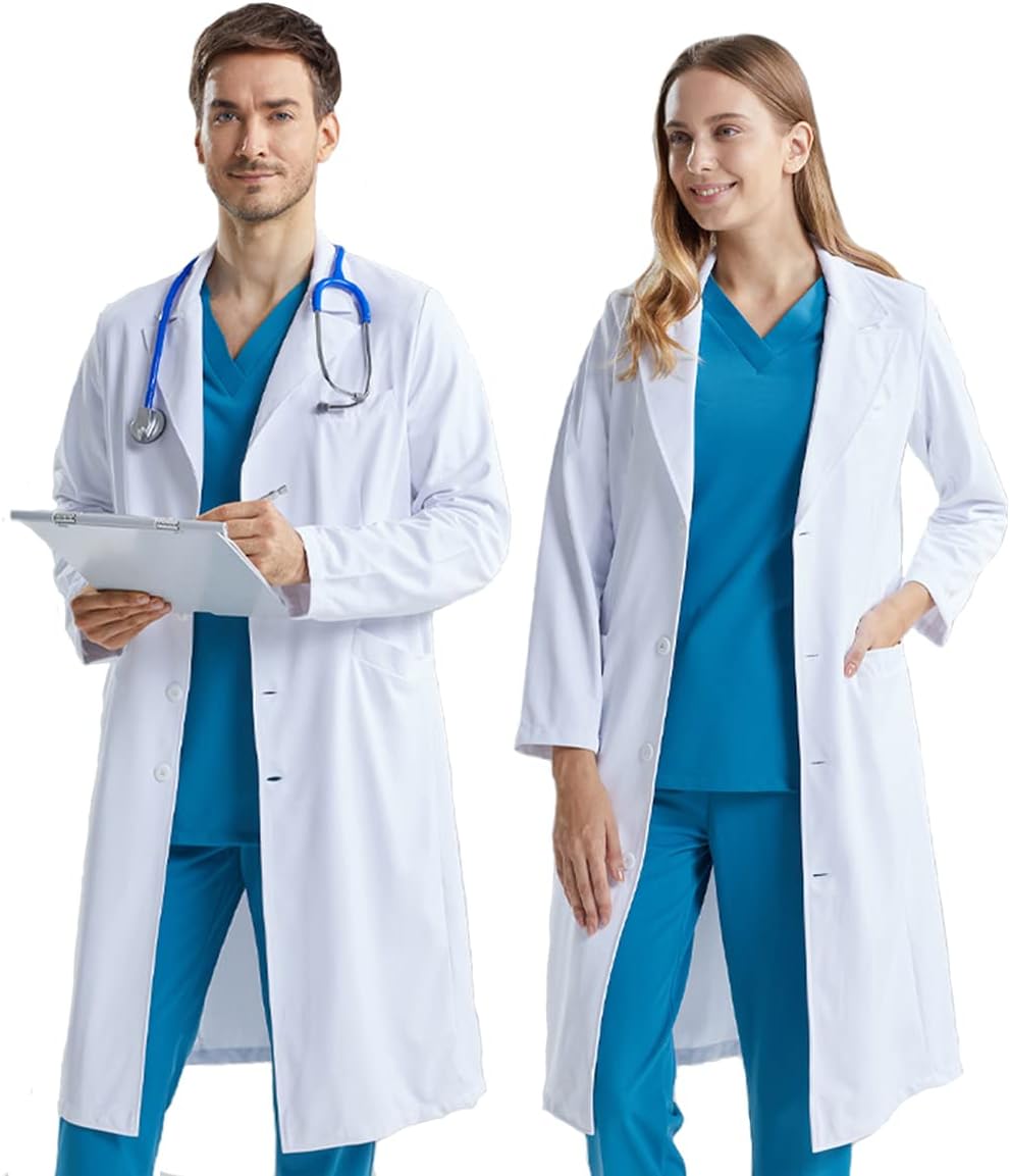 KUMARSKUMARS White Lab Coat, Women Mens Lab Coats, Cotton Polyester Scientist Coat Doctors Coat Medical Coat, Unisex White Labcoat Protective Workwear Laboratory Coat Costume Fancy Dress with Pockets,XL