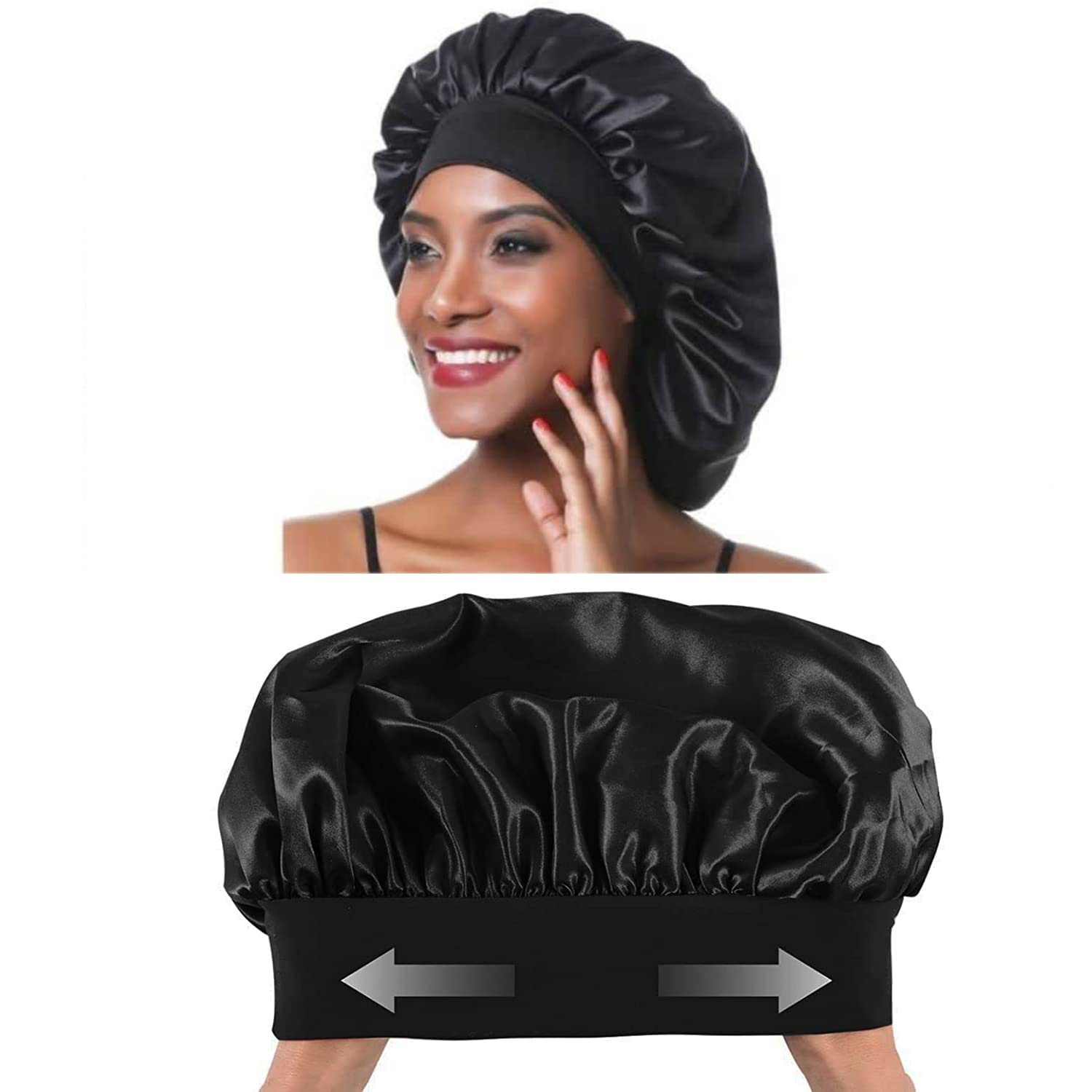 Gorro de Dormir, Seda Elástico, Gorro de Satén de Banda Ancha , Suave Cubierta de Cabeza Bonnet para Mujeres y Chicas(Negro)