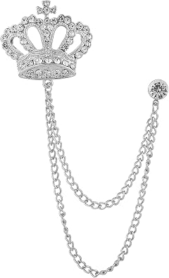 Rhinestone Crown Long Chain Brooch.Gold Silver Tassel Brooch Pin,Retro Crystal Suit Pins Collar Coat Pin for Mens Accessories Pin Husband Gifts