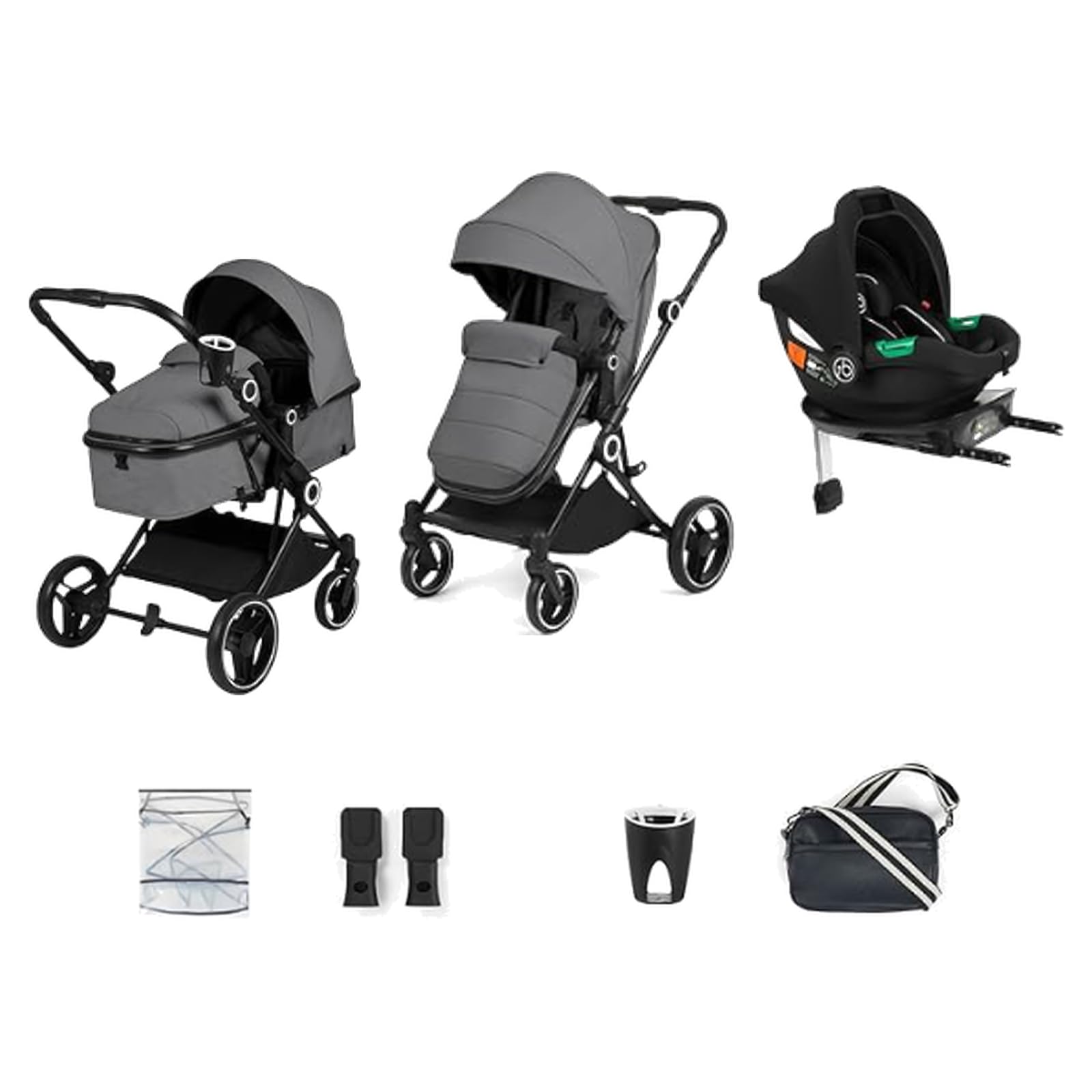 Ickle Bubba Atom 3w1 z fotelikiem Cirrus i bazą ISOFIX – kompaktowy, lekki wózek od urodzenia do 22 kg, idealny system podróżny i-Size (Grafitowy Szary)