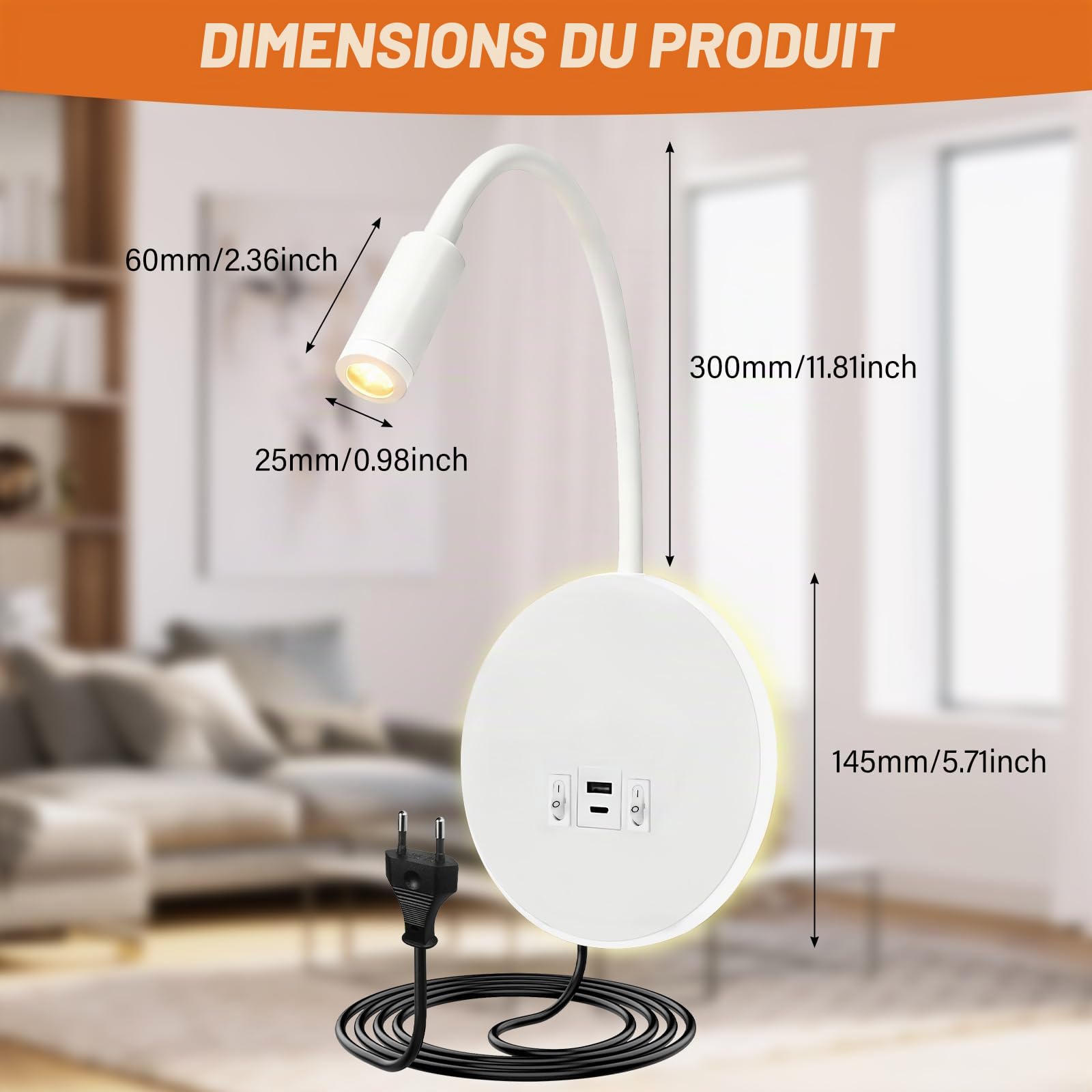 GOMETY Lampe de Lecture Murale, Lampe Blanche à Col de Cygne Pivotant à 360° avec Prise, Chevet à Intensité Variable, Applique Murale LED pour Chambres, Hôtels et Tables de Nuit
