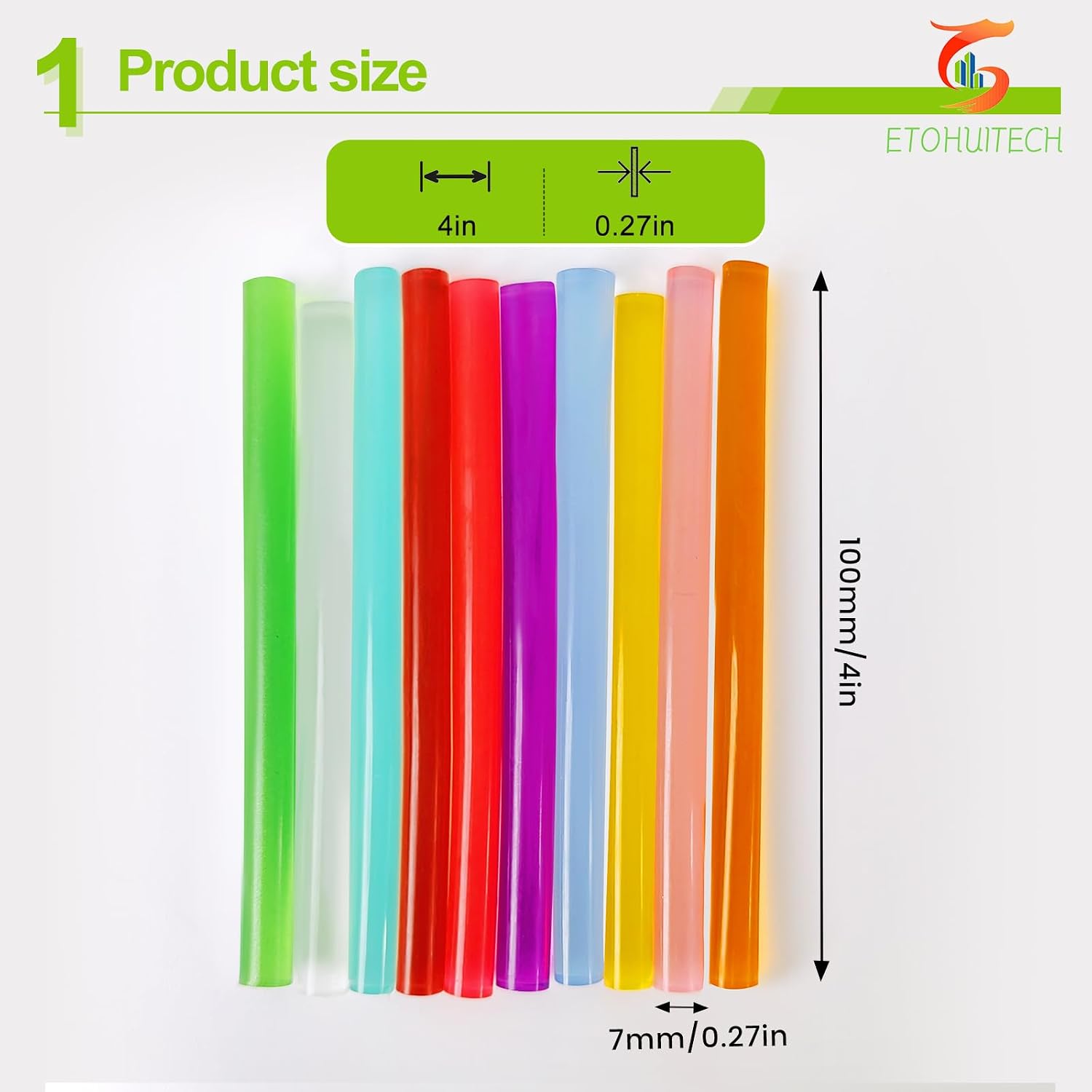Coloured Transparent Glue Sticks, EVA Material, for General Repair and Gluing Projects for DIY Crafts, 100 Pack, 10 Colours 0.27in*4in