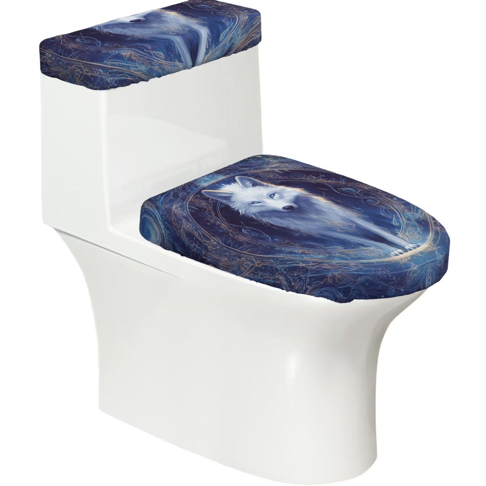 X Psblty Decorative Wolf Illustration Toilet Seat Cover Set 2 Piece Bathroom Decor Toilet Lid Cover With Tank Top Cover Stretch Fit Soft Fabric For Home 15-21 Inch