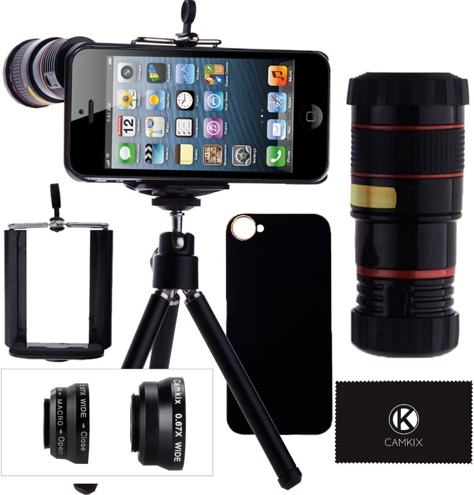 CamKix Camera Lens Kit Compatible with iPhone SE / 5S / 5 Including 8X Telephoto Lens/Fisheye, Macro, Wide Angle Lens/Tripod/Phone Holder/Hard Case/Bag/Cleaning Cloth
