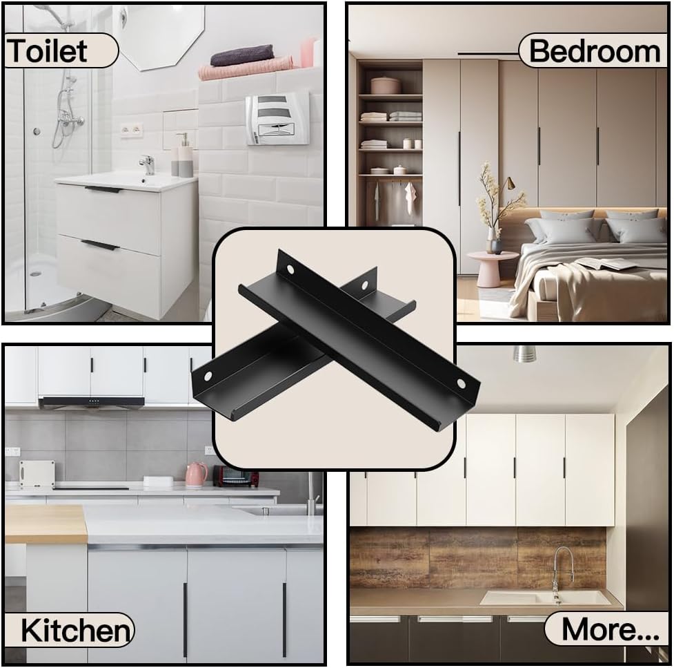 5 Pack Edge Black Hidden Drawer Door Cabinet Handle Aluminum Alloy Finger Bar Pull Concealed Furniture Hardware Back Mount Dresser Handles for Kitchen Bathroom 600mm(23.6 Inch)