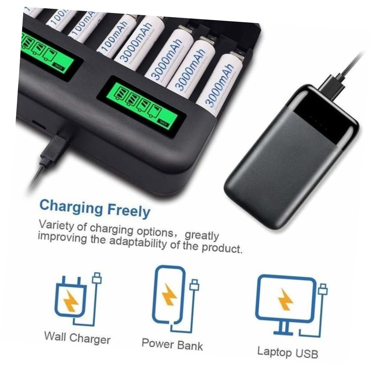 OSALADI Chargeur de Piles Intelligent 8 Emplacements en Plastique Protection Multiple et Surcharge, Compatible Piles AA AAA, pour Usage Domestique