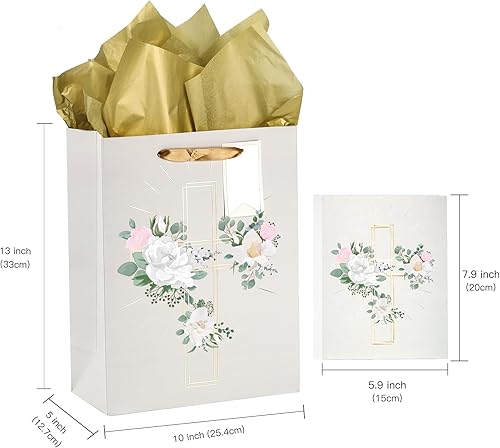 Miniatura 2 de LeZakaa Bolsa de regalo de cruz de 13 pulgadas con diseño de flores, bolsa de regalo cristiana plateada con papel de seda, etiqueta de regalo y
