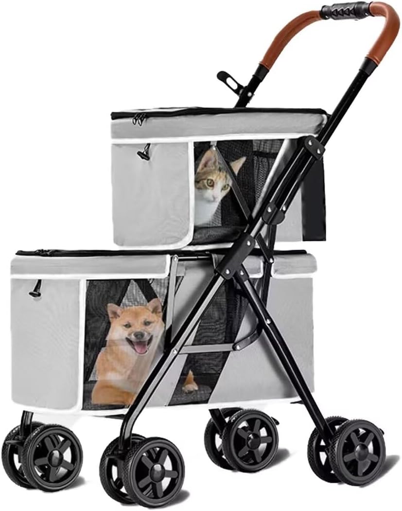 2 Layers pet Stroller for Dogs and Cats,4 Wheels pet pram cart with mesh Window and Door,Foldable pet Trolley,Swivel Front Wheel,Rear Wheel with Foot Brakes