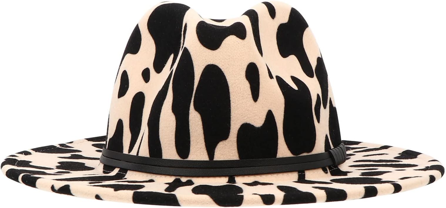GALPADACow Print Hat Wide Fedora Wide Cap Hat Woolen Jazz Hat for Women Men