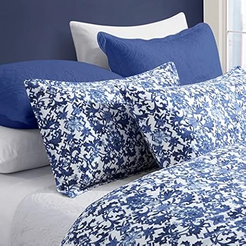 Vintage Portuguese Tiles Azulejos Luxury Duvet Cover Spanish Medallion Painted Pottery White Blue Pattern Mosaics Lattice and Flowers Cotton Bedding Set (Pottery Navy, King) Cover