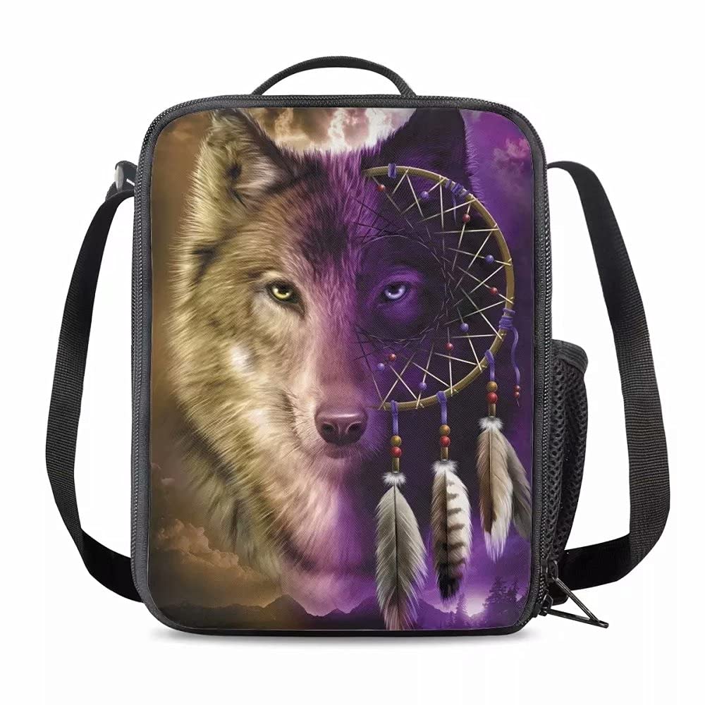 chaqlin Animal Wolf Lunch Box Bag for Kids, Insulated Lunch Box,Creative Dream Catcher Lunch Bag, Back to School Thermal Meal Tote Kit for Girls and Boys, Reusable Refrigerated Sling Messenger Pouch โ image 1