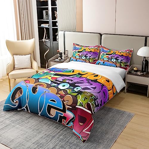 Hippie Graffiti Style 100% Cotton Duvet Cover Single Size Hip Hop Decor Bedding Cotton Duvet Cover Set for Bedroom Graffiti Graphic Street Culture Grunge Art Bedding Set - Image 2