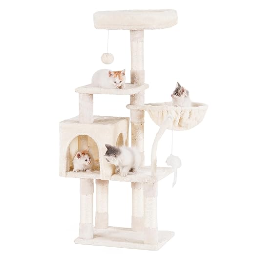 Hey-brother Cat Tree with toy, Cat Tower for Indoor Cats, Cat House with Padded Plush Perch, Cozy hammock and Sisal Scratching Posts, Grey EMPJ004SW-N