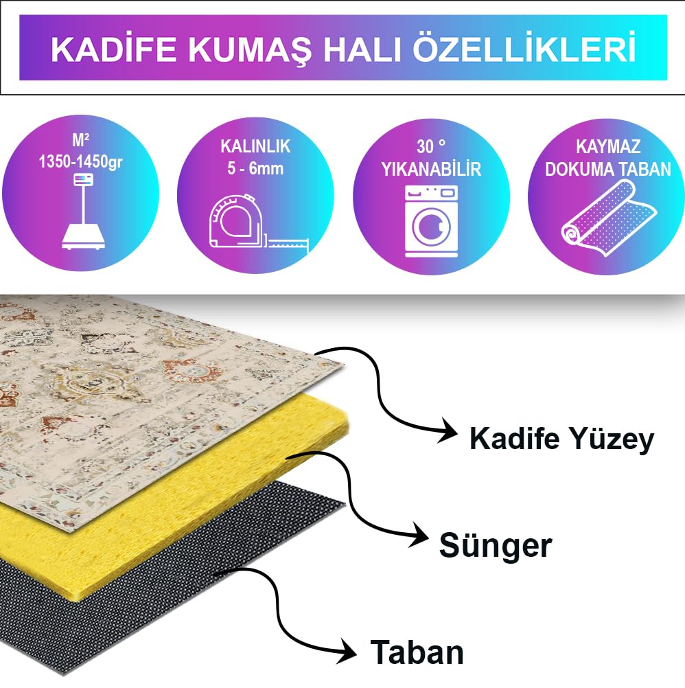 Latte Dizayn Jety Desenli Kadife Pamuk Tabanlı Yıkanabilen Kaydırmaz Antibakteriyel Salon Halısı 160x230
