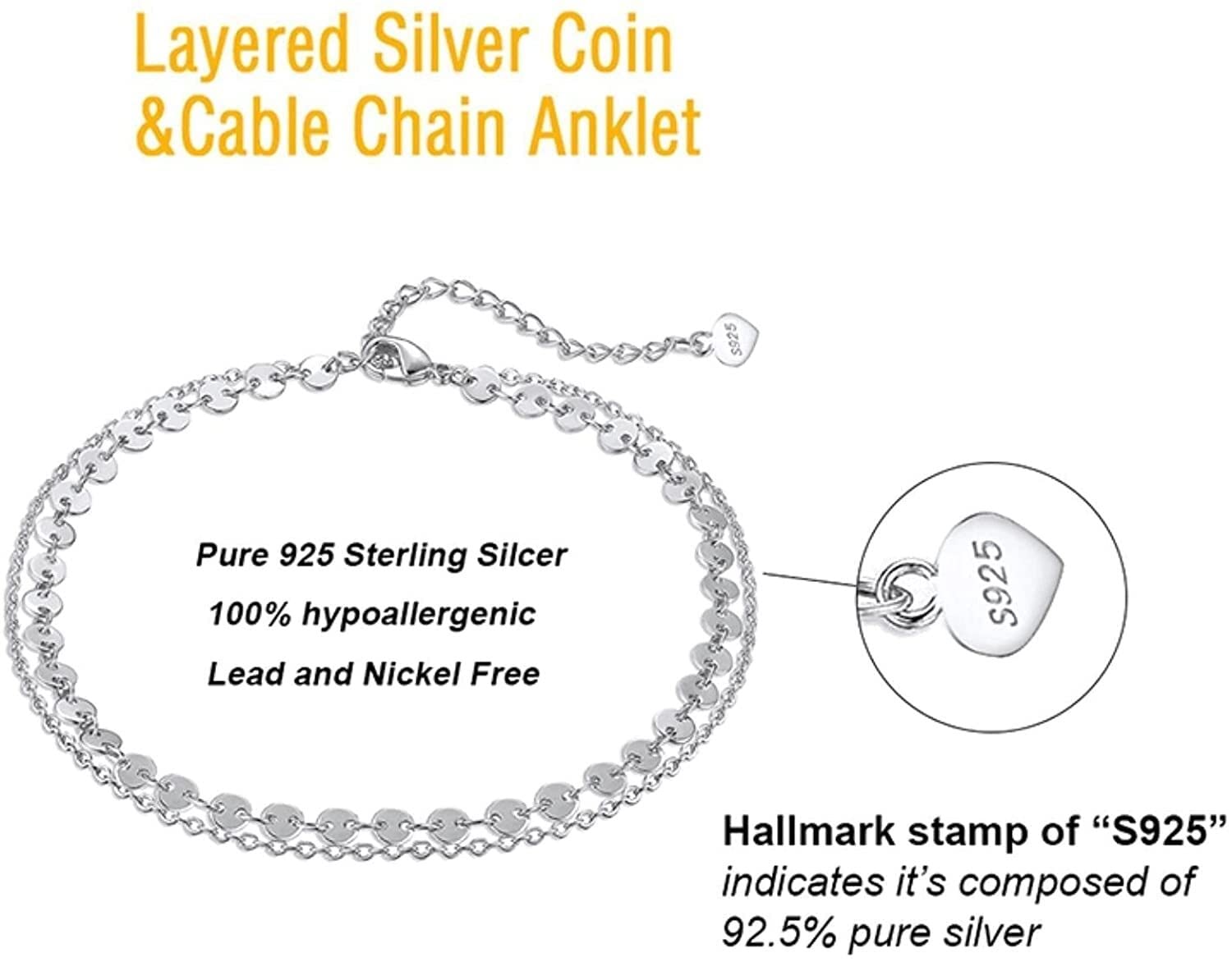 RWRAPS Cavigliera Boho in argento sterling da donna estiva a strati con catena portacavi da 4 mm per donna spiaggia a piedi nudi (oro b) (argento b)