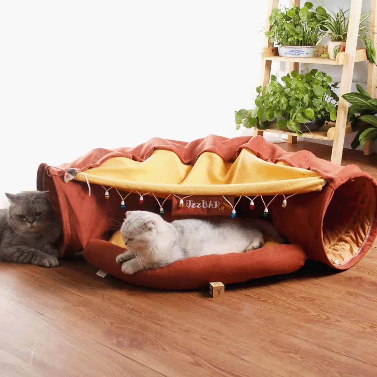 LEFTSTARER Túneles plegables 2 en 1 para gatos de interior, camas y escondite para mascotas, perros, conejos, hogar, tubos de túnel suaves, juguetes con alfombrilla extraíble lavable (barra)